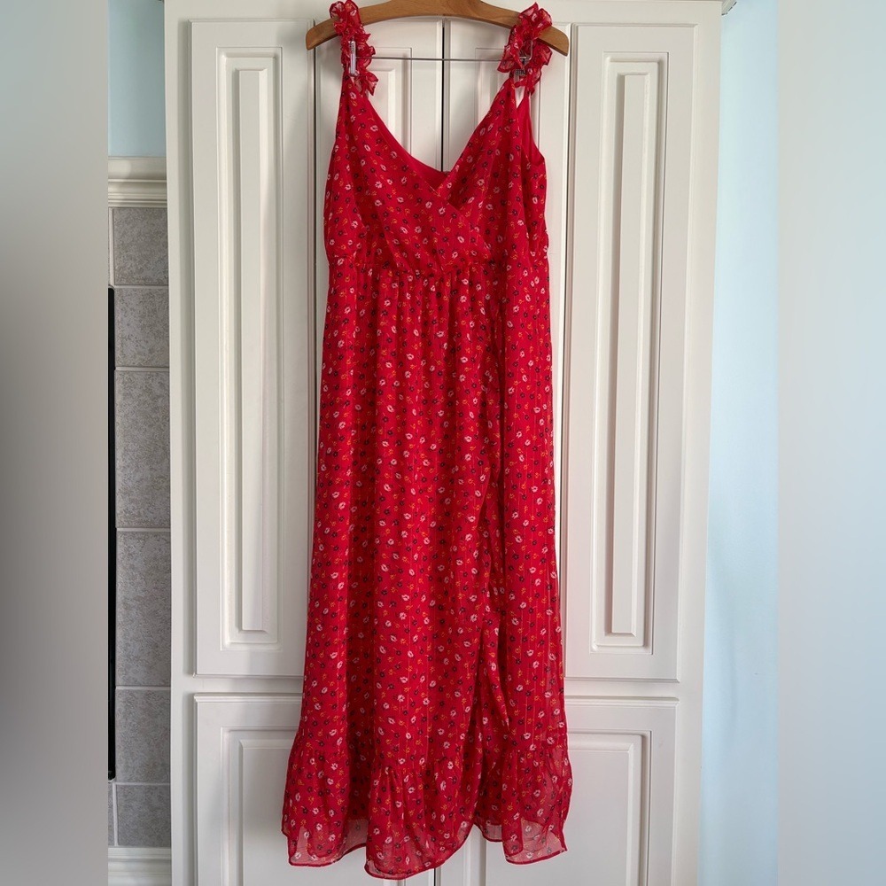Madewell Red Floral Sleeveless VNeck Ruffle Lined Summer Dress Size 16 - Picture 2 of 10